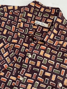 Vintage Burma Bibas Premium Silk Geometric Print Camp Shirt Sz M